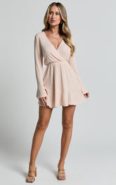 The Next Step Mini Dress - Long Sleeve Dress in Beige Marle